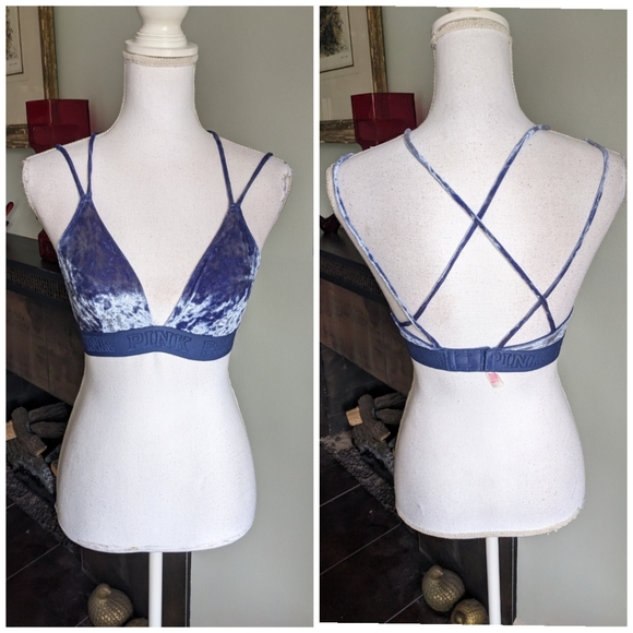 PINK Victoria's Secret Wms Small Velvet Unlined Bra Bralette Blue CrissCross 110 - Picture 1 of 10